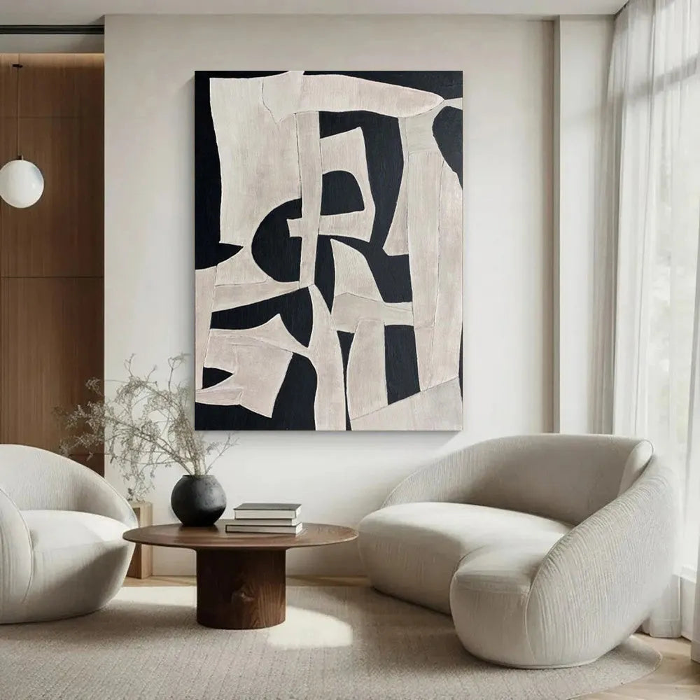 Handmade oil painting modern abstract black white texture minimalist canvas wall art rolled frameless