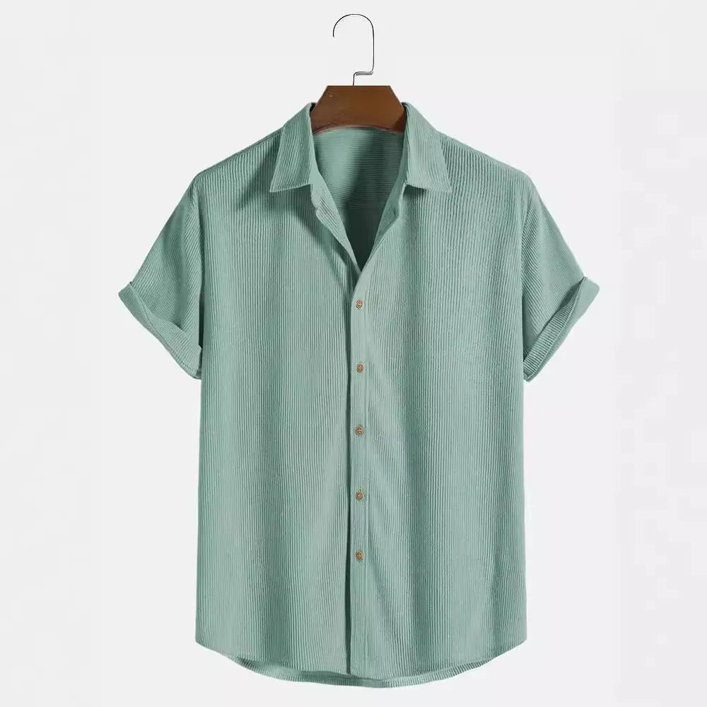 Man wearing a casual short-sleeve polyester shirt in a cardigan style, available in various colours and sizes.