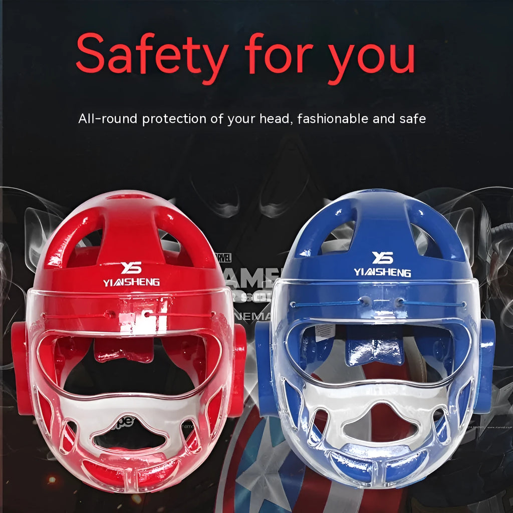 Karate boxing helmet for head protection shown in white, blue, and red colour options.