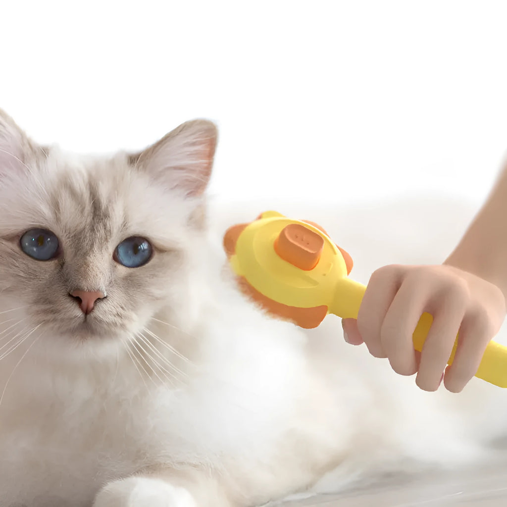 One-click cat comb in stainless steel, 200x90x50mm, with open knot small comb, available in Blue, Pink, or Yellow
