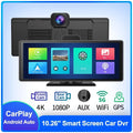 Black car dash cam with 10.26-inch touch screen showing dual camera display