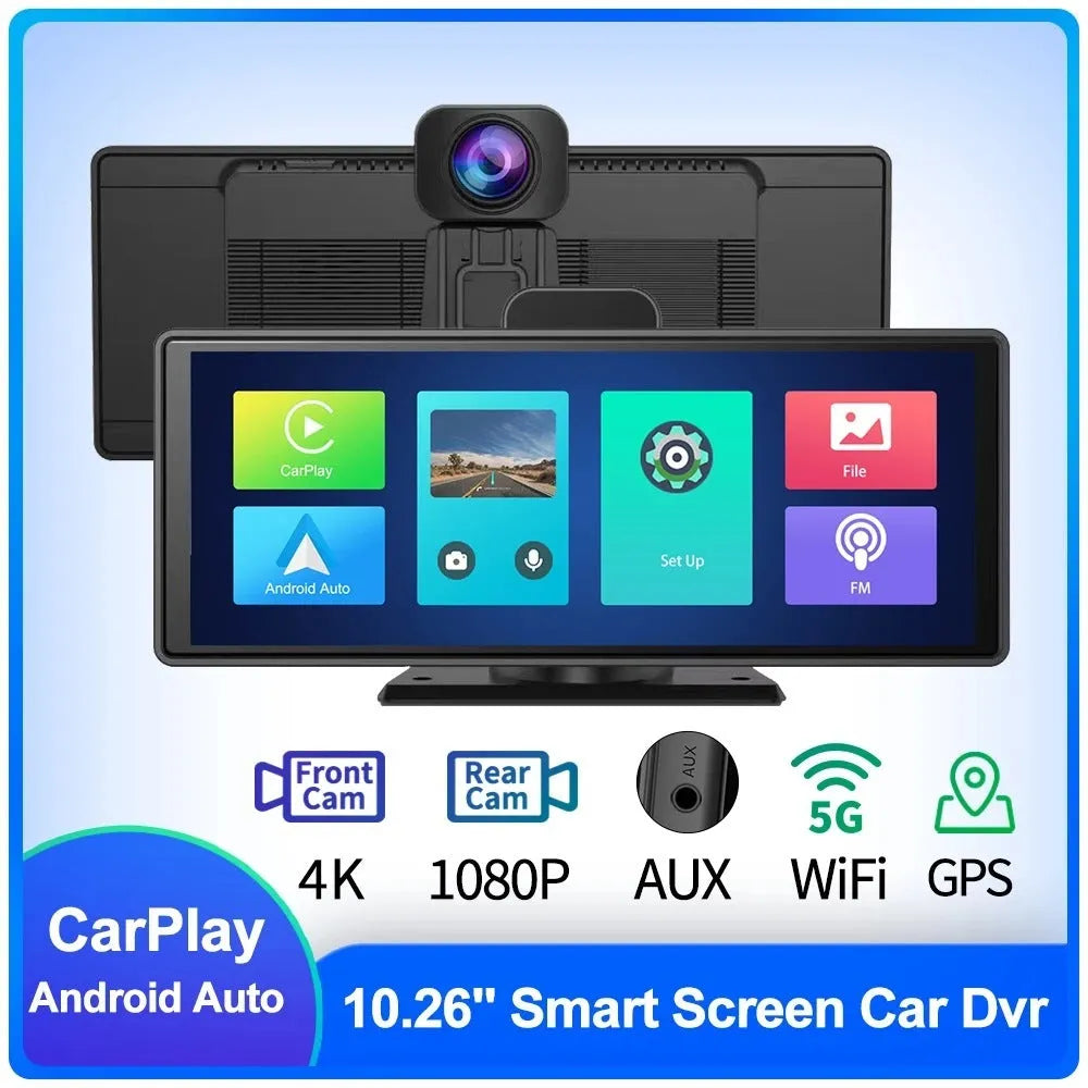 Black car dash cam with 10.26-inch touch screen showing dual camera display
