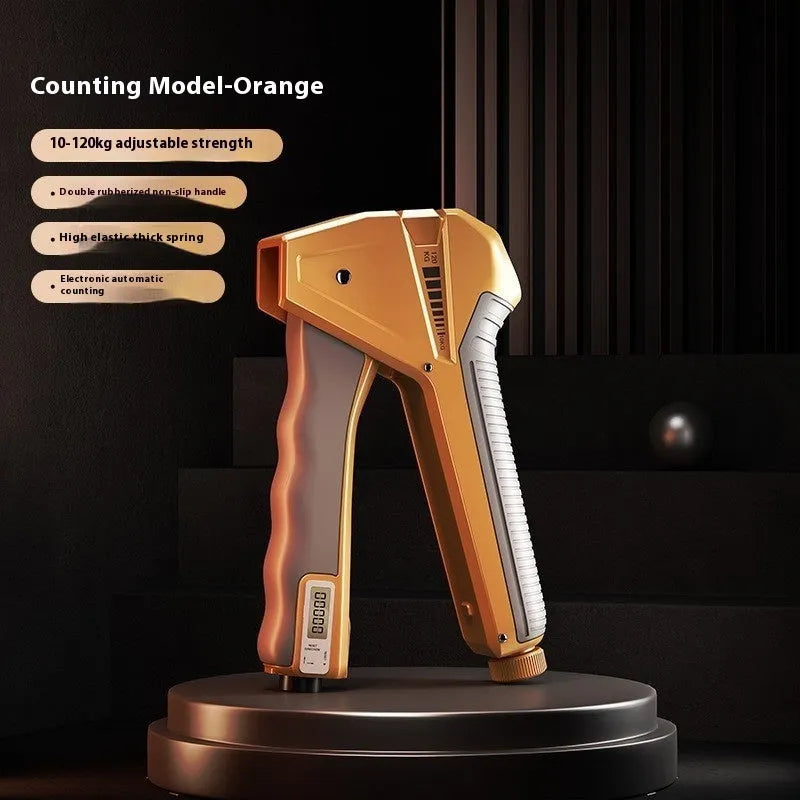 Adjustable hand gripper strength trainer with mechanical counter showing 5-60kg resistance range