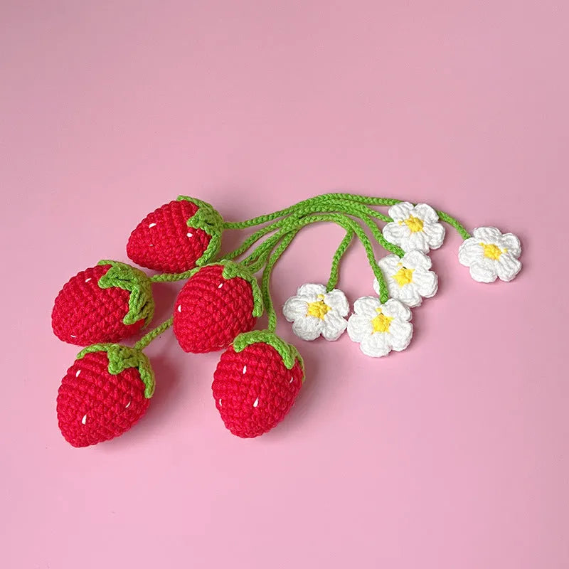 Handmade wool crochet strawberry pendant charm on 35cm cord in red or pink colour