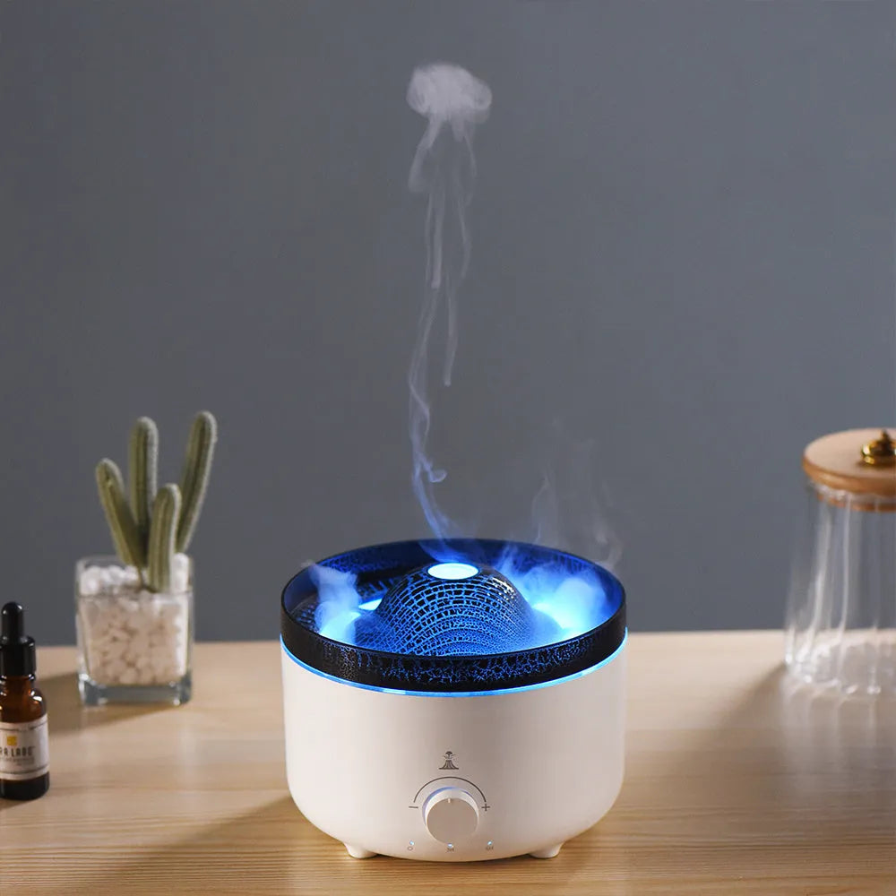 White columnar volcano humidifier with simulated flame lighting effect and remote control