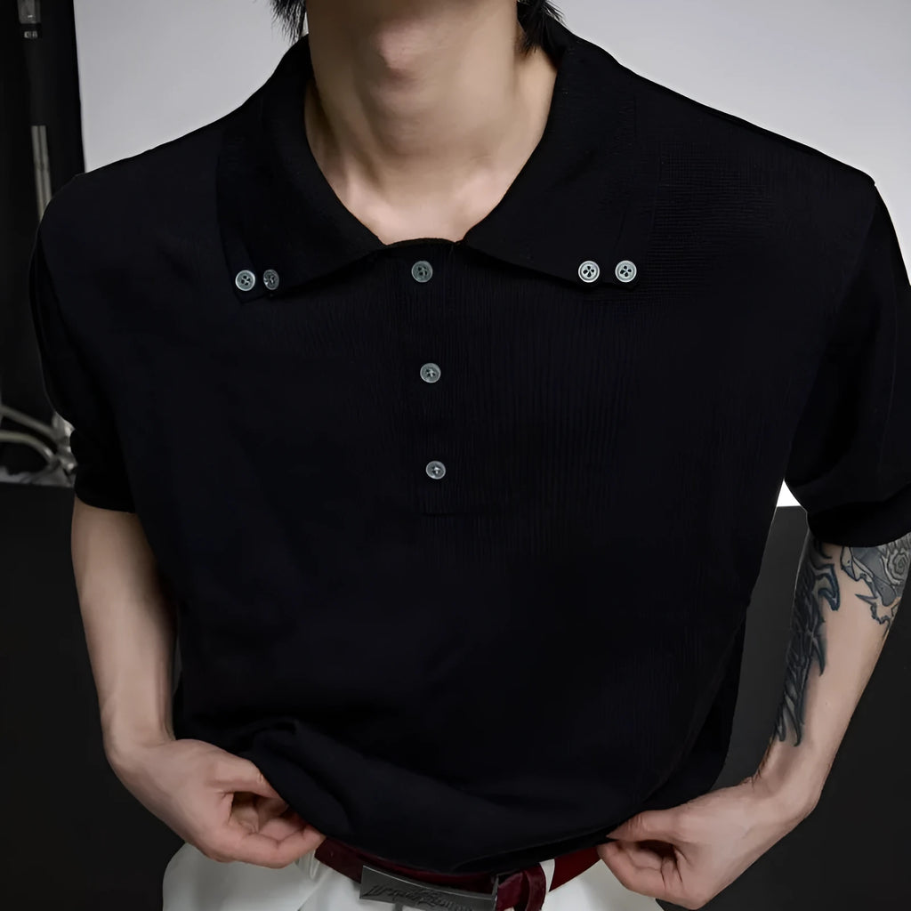 Men's grey short sleeve knit shirt featuring a double collar design with fasteners, shown in a loose fit.