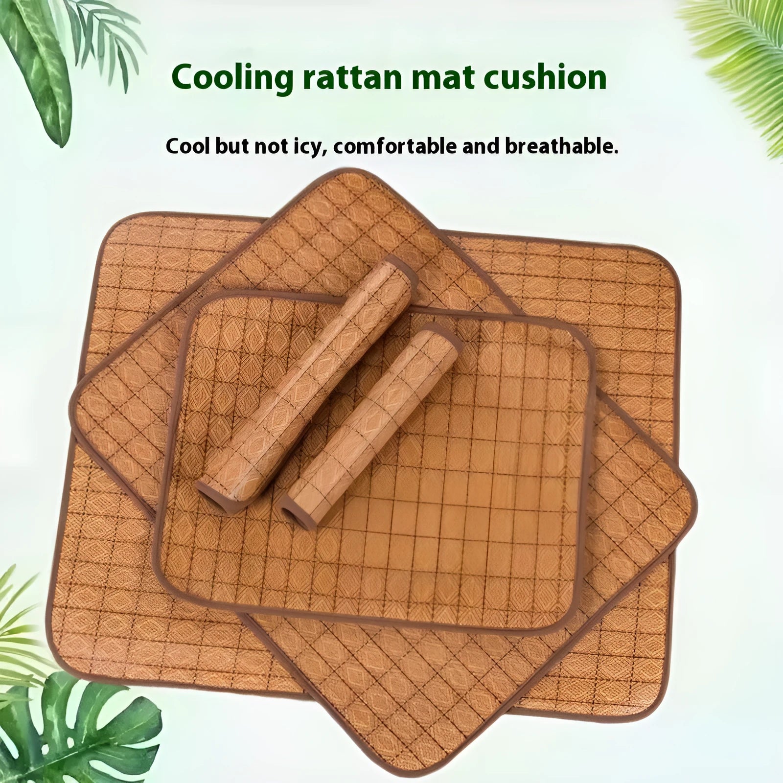 Brown rattan fibre summer cooling mat for dogs on a wooden floor.