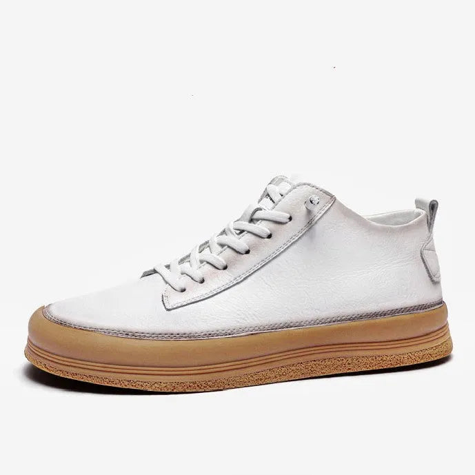 Men's black leather casual shoes with white soles and lace-up front.