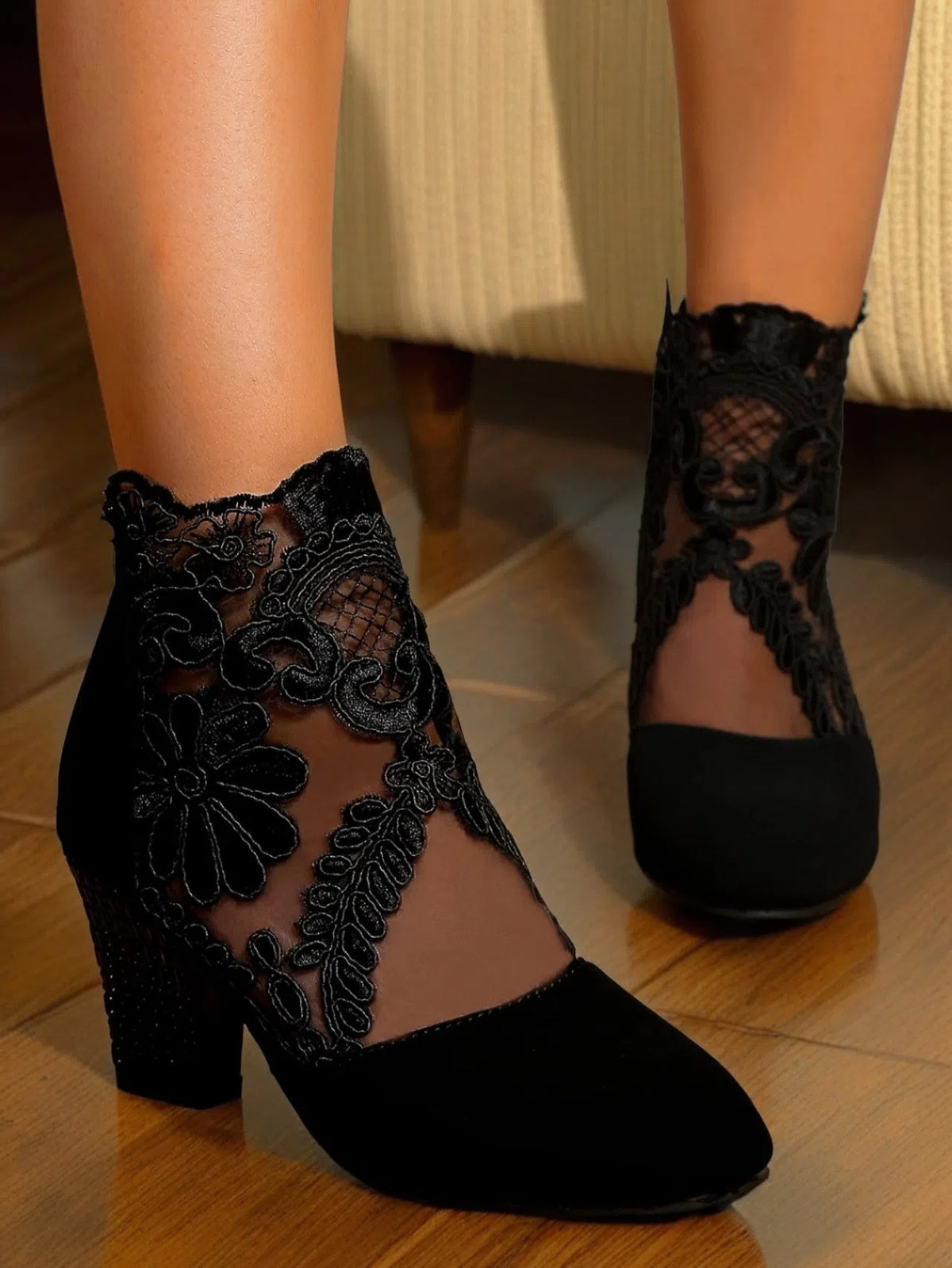 Black lace embroidered mesh ankle boots with chunky rhinestone high heel and suede patchwork