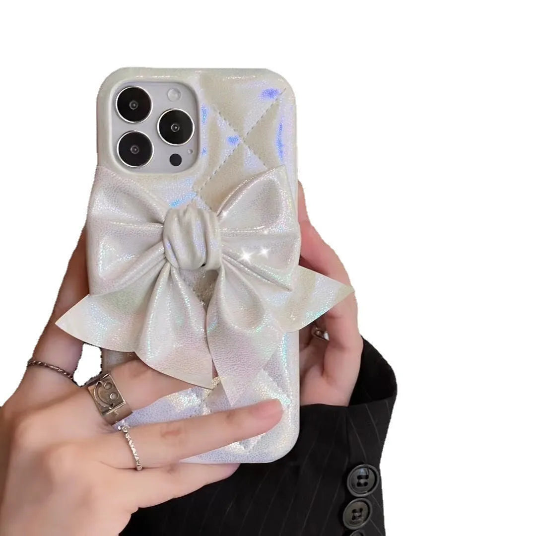 White bow phone case with fall protection, leather-style finish, compatible with iPhone 12-14 Pro Max