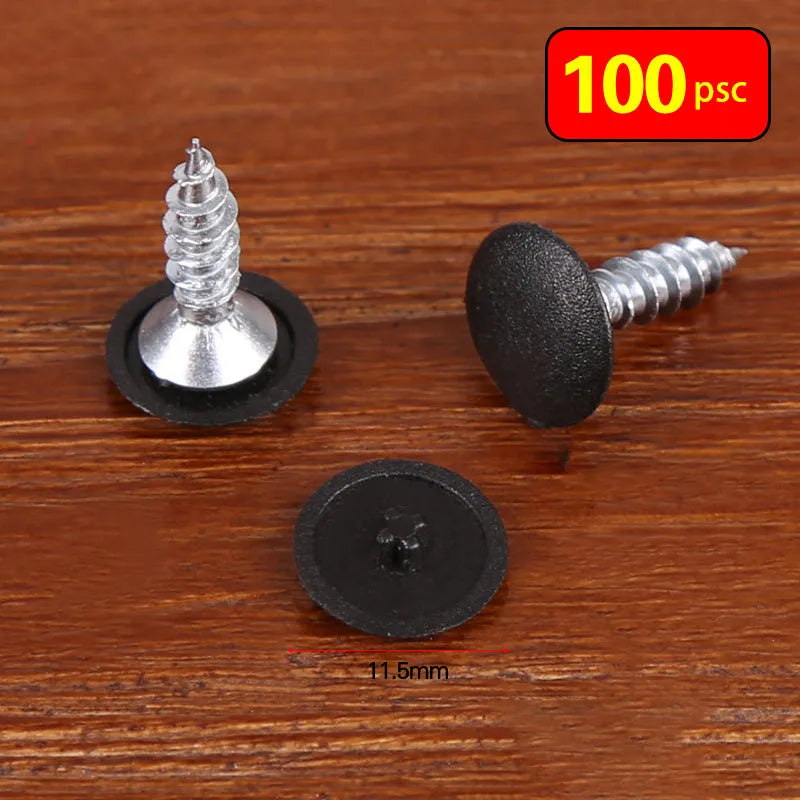 Plastic three-in-one connector screw cover in brown, bronze, black, white, and grey, 100-piece pack for furniture fixings.