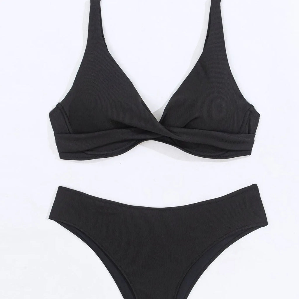 Women's rib fabric bikini two-piece swimsuit in five solid colour options