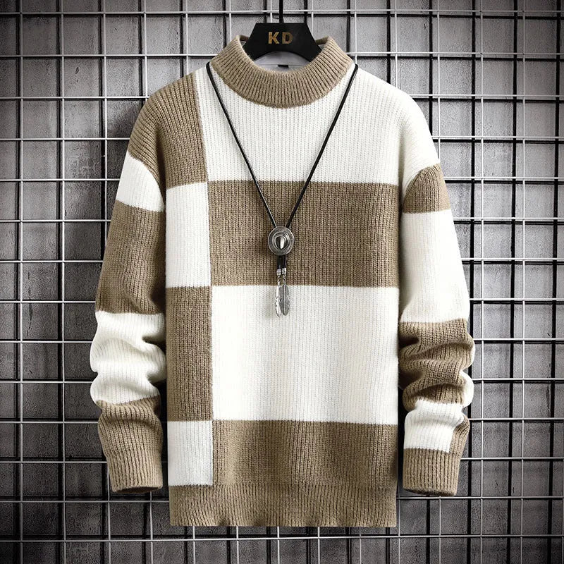 Polyester men's casual cardigan sweater coat in colour block design with black and white panels