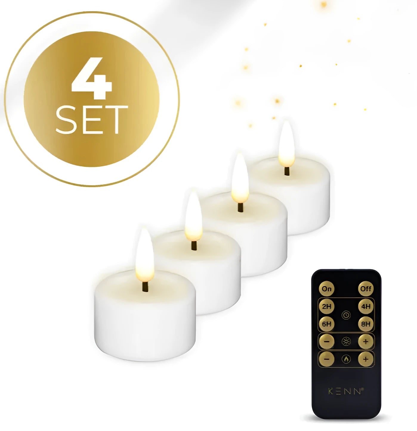 Four white LED tealight candles with flickering flame effect, shown from above and side