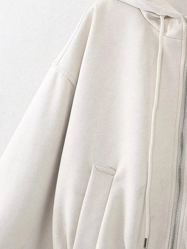 Women's casual hooded jacket in soft suede fabric, shown in black and white colour options.
