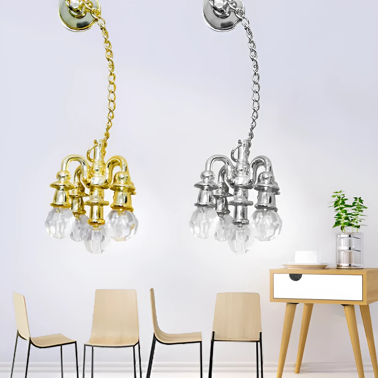 Mini gold and silver metal retro ceiling light photo prop decorations measuring 5x2cm