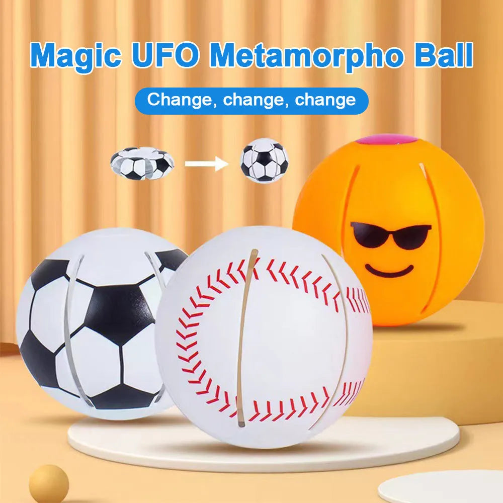 Orange glowing dog ball that transforms into a flying disc, shown on grass for scale.