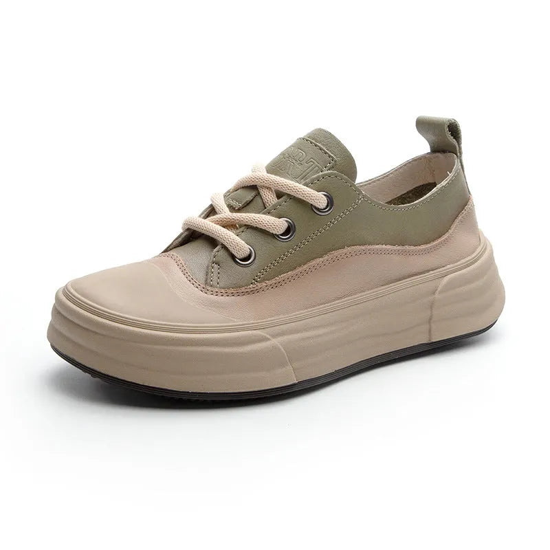 Women's solid colour leather platform sneakers in matcha, purple, or orange with a round toe and lace-up front.