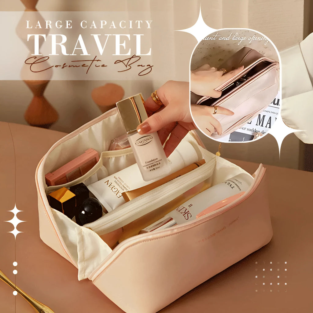PU leather travel cosmetic bag with steel wire opening, 23.5x11x10.5cm, in rose pink.
