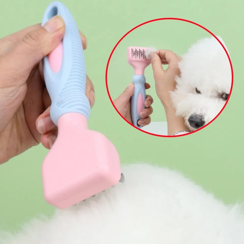 Pink dog comb with stainless steel blade and massage nodules for pet grooming.