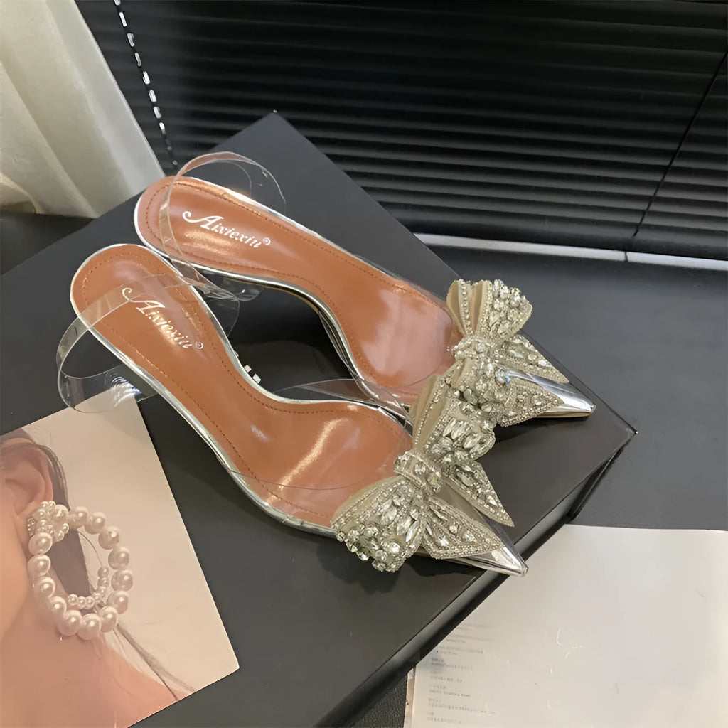 Silver pointed toe bow rhinestone transparent high heel sandals with slip-on design