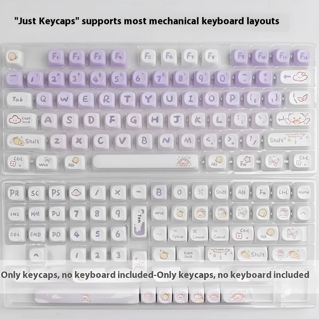 Set of purple gradient keycaps with rabbit design for mechanical keyboards.