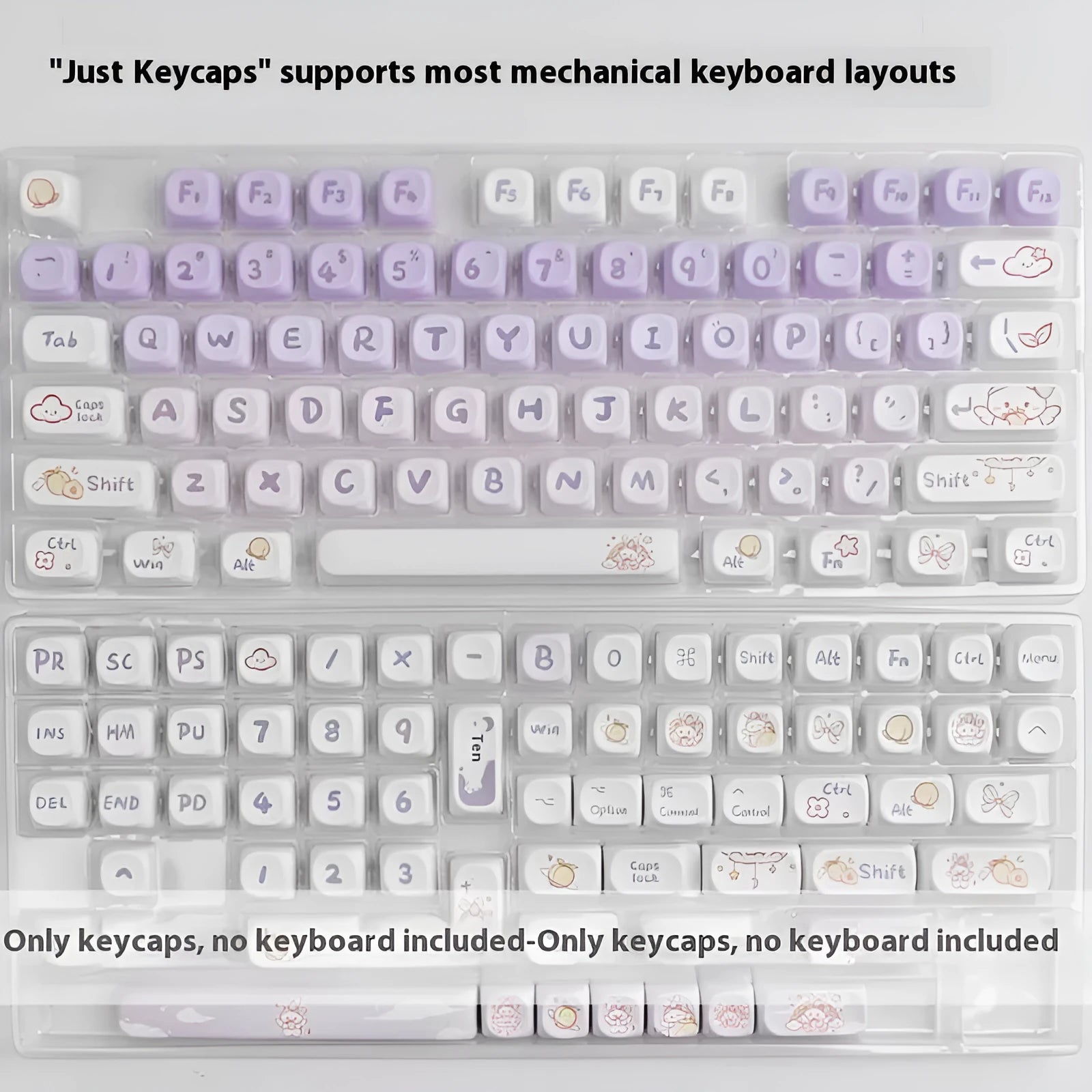 Set of purple gradient keycaps with rabbit design for mechanical keyboards.
