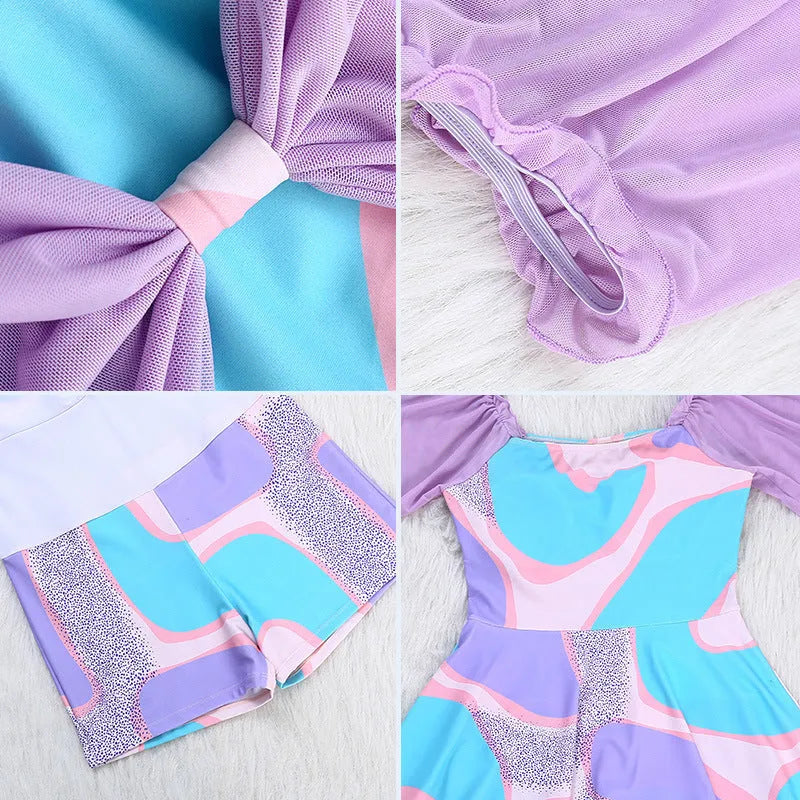 Women's floral high-waist one-piece swimsuit with bowknot detail in light purple or light blue patterns