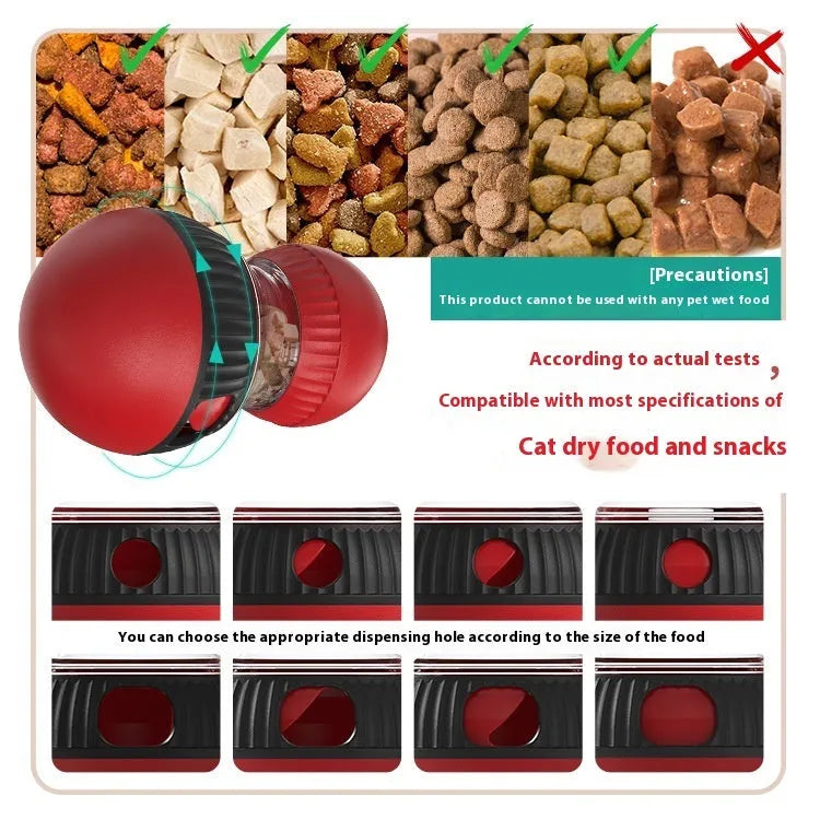 Colourful rotating cat toy with sound feature and food-dropping ball for pet play.