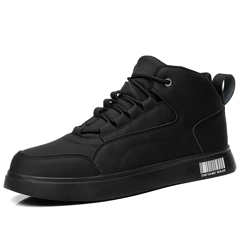 Men's white mid-top casual shoes with flat rubber sole and front lace-up design.