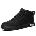 Men's white mid-top casual shoes with flat rubber sole and front lace-up design.