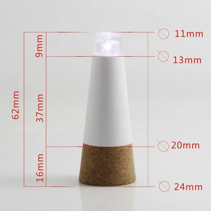 White plastic rechargeable LED cork light for bottle decoration, showing 15 LED beads.