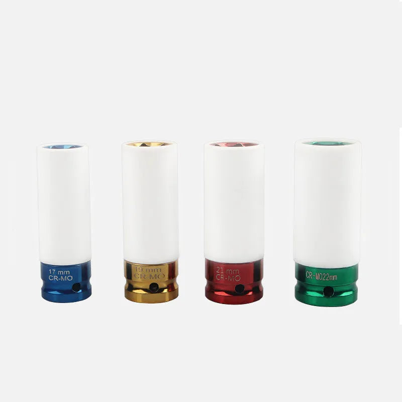 Four individual pneumatic hexagon sockets in sizes 17mm, 19mm, 21mm, and 22mm for vehicle maintenance