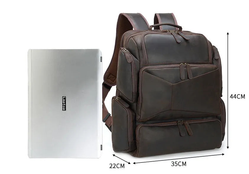 Dark brown retro genuine leather backpack for men showing front view with double straps and soft handle.