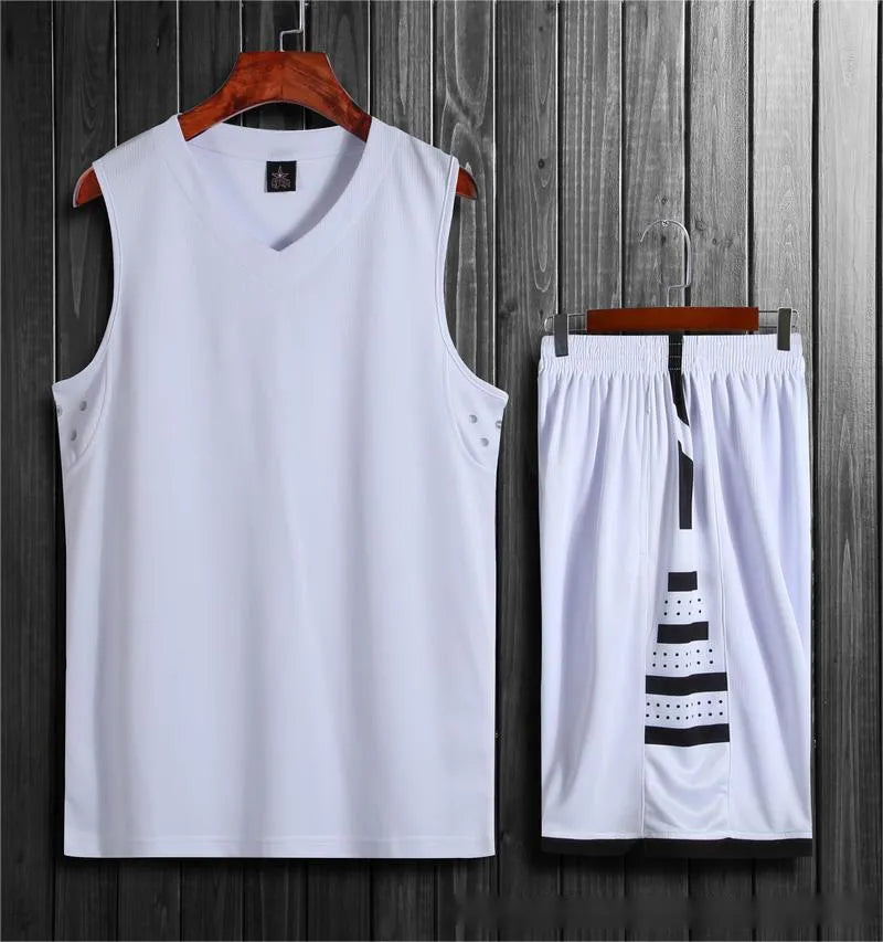 Student breathable sports vest and matching pants set for basketball and fitness training in black or white.
