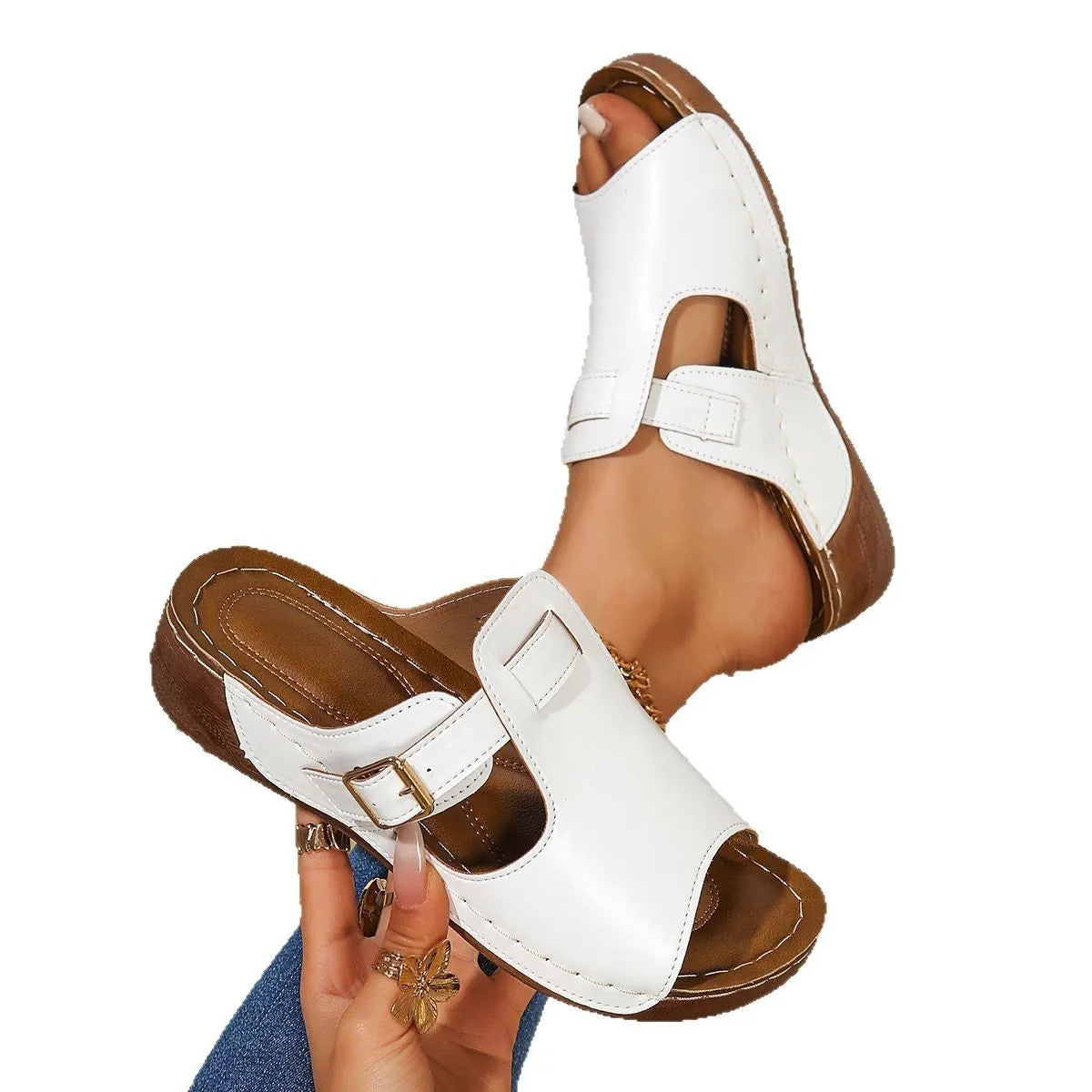Women's white Roman sandals with fish mouth open toe design and EVA sole