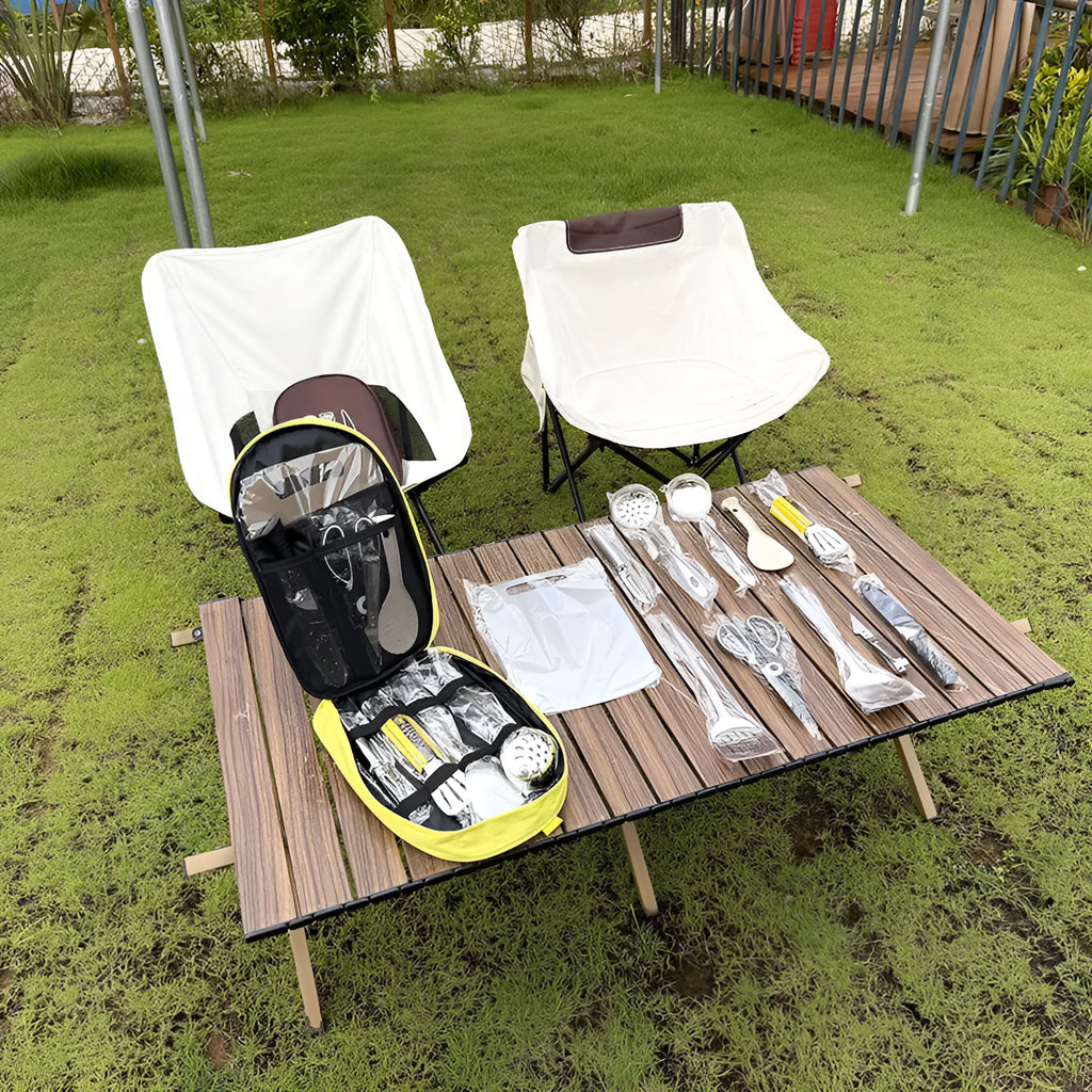 Stainless steel picnic kitchenware set with storage bag in brown colour
