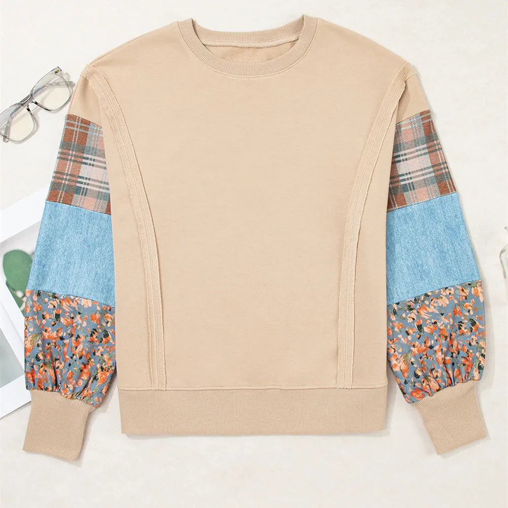 Women's beige plaid stitching pullover top with long sleeves and loose Japanese Korean casual styling