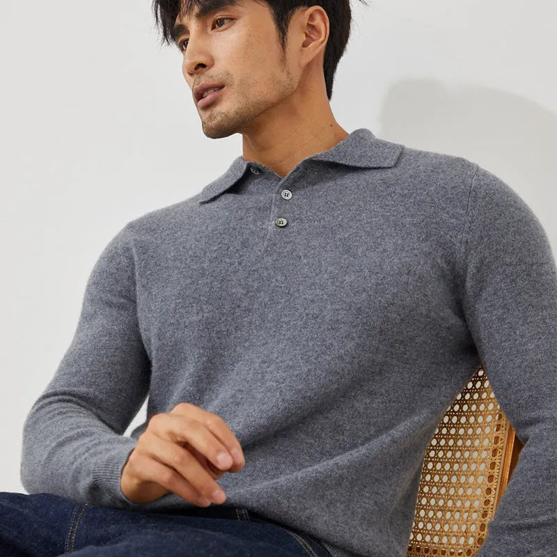 Men's loose fit cashmere pullover sweater with a polo collar in sapphire blue colour.