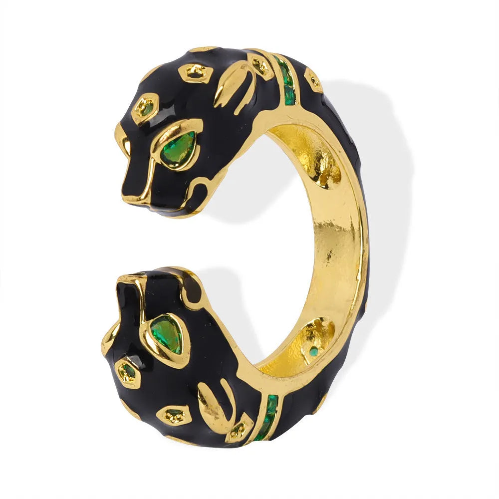 Black geometric cheetah pattern open ring with electroplated finish, size 7 women's fashion jewellery