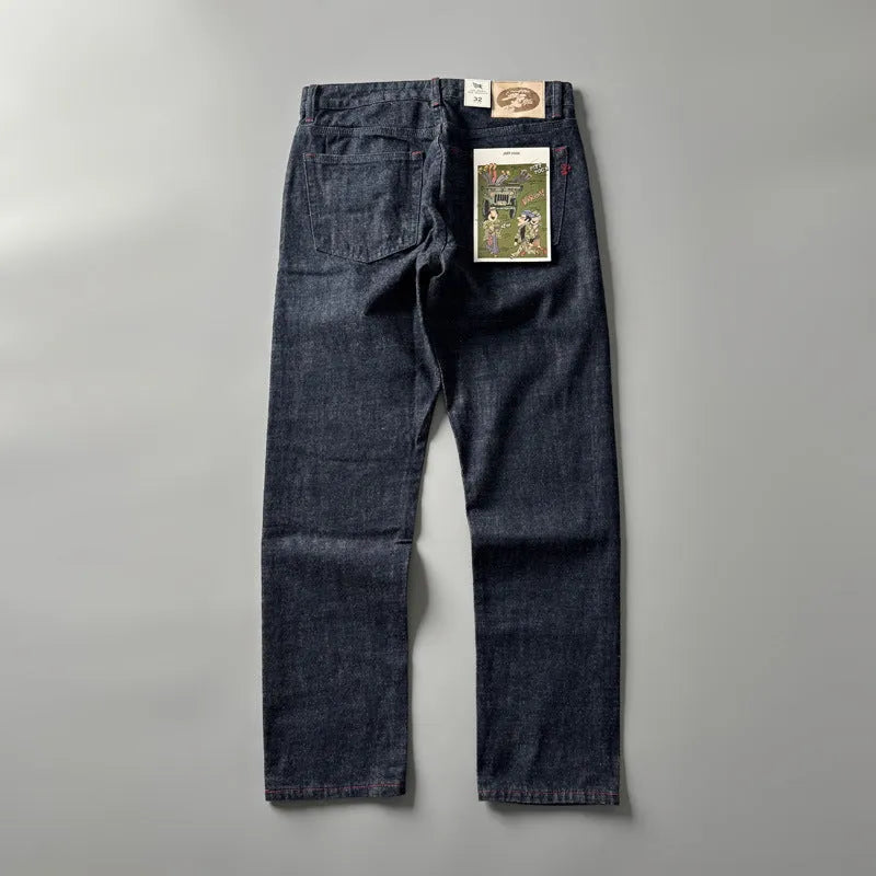 Men's primary colour straight-leg denim jeans with a mid-waist retro style on a white background.