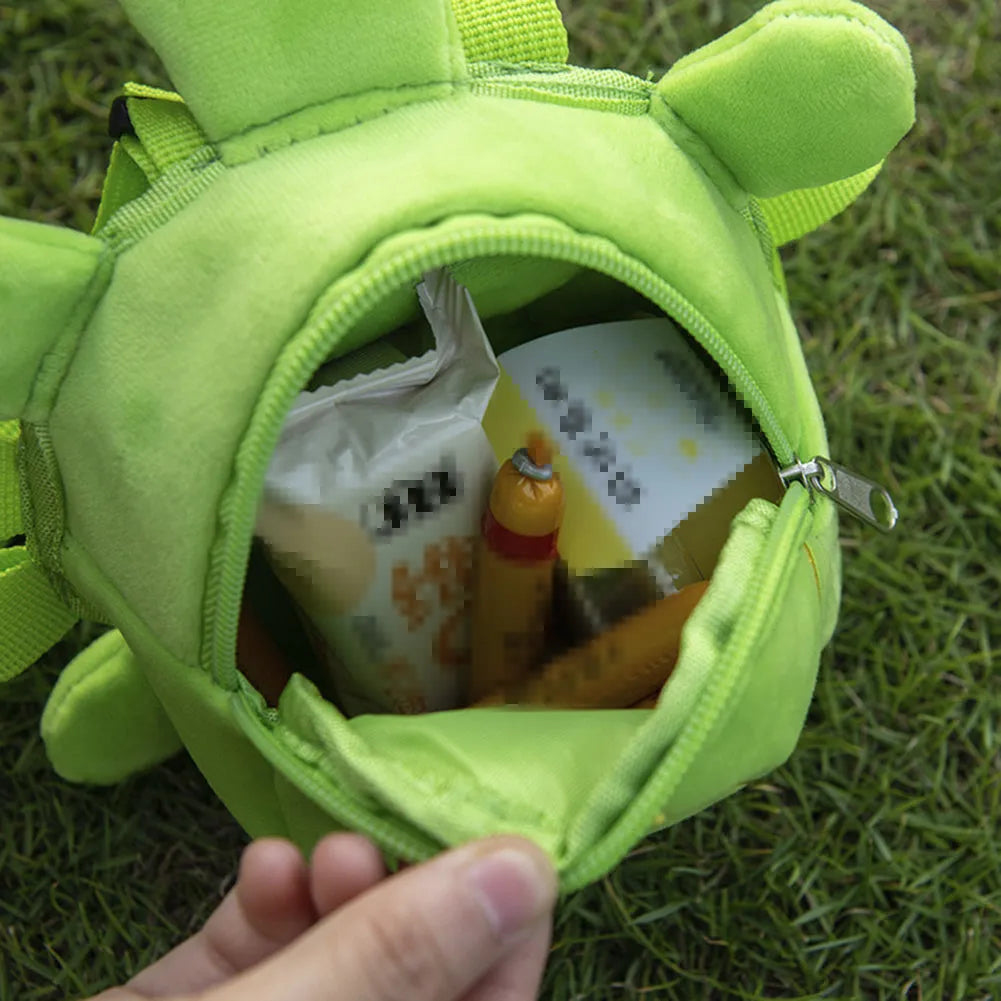 Cartoon turtle shape dog backpack harness in velvet material with metal zipper, measuring 20 x 18cm