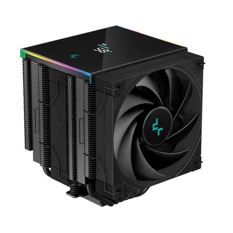 DeepCool twin tower CPU air cooler with digital display screen, black aluminium fins and copper heat pipes.