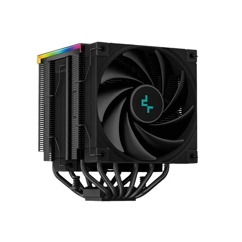DeepCool twin tower CPU air cooler with digital display screen, black aluminium fins and copper heat pipes.