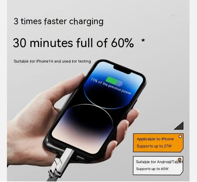 Four-in-one fast charge data cable in Tungsten Black with zinc alloy connector and braided nylon cable