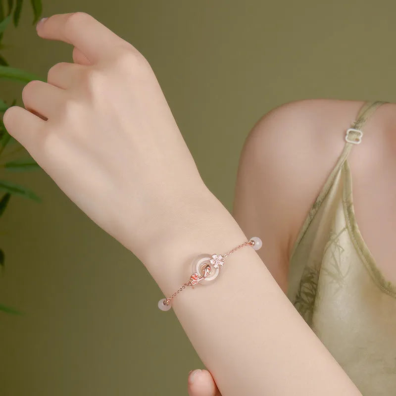S925 sterling silver adjustable bracelet with white chalcedony crystal beads and koi design