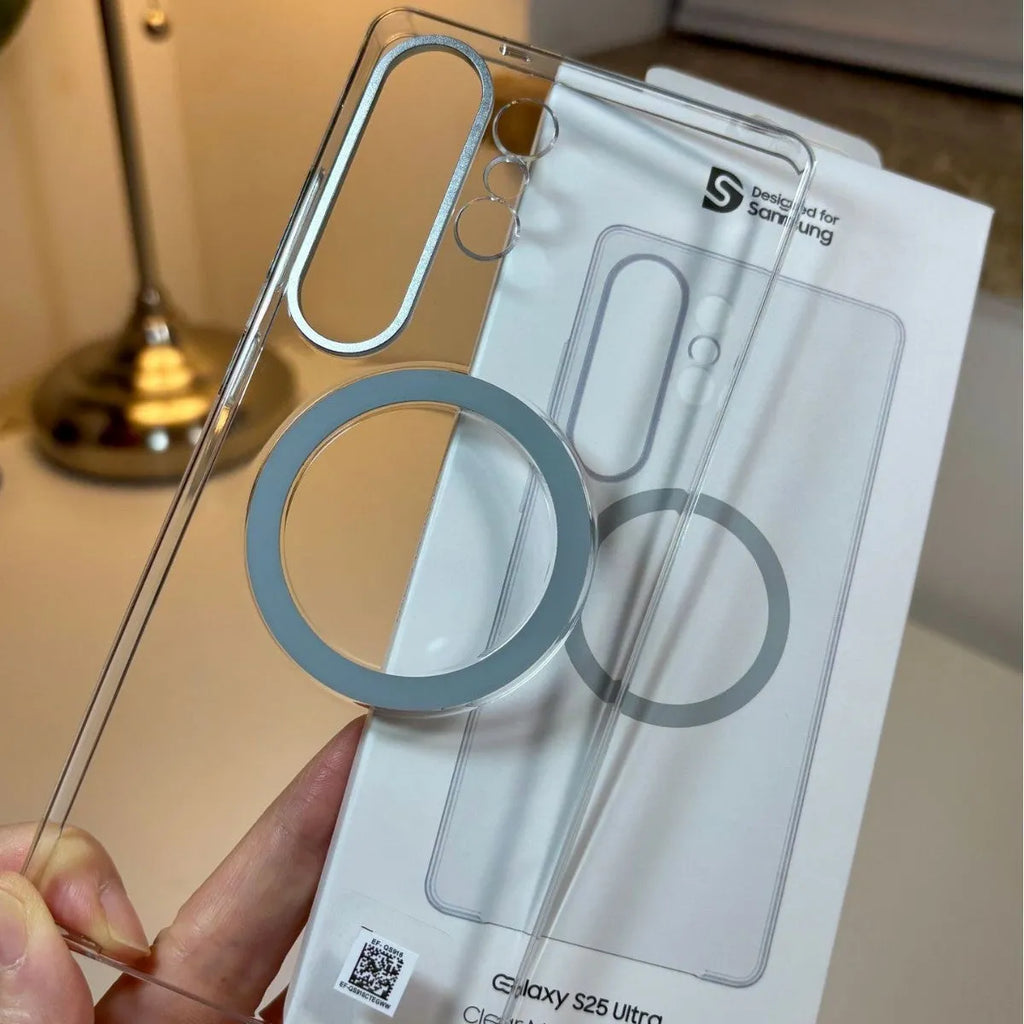 Transparent PC three-edge protective shell for Samsung S25 Ultra showing clear back and side reinforcement