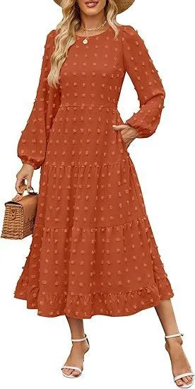 Women's high waist autumn dress with long ruffled sleeves in a solid colour