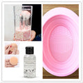 50ml makeup brush cleaning liquid in a clear bottle with a white cap, next to a makeup brush