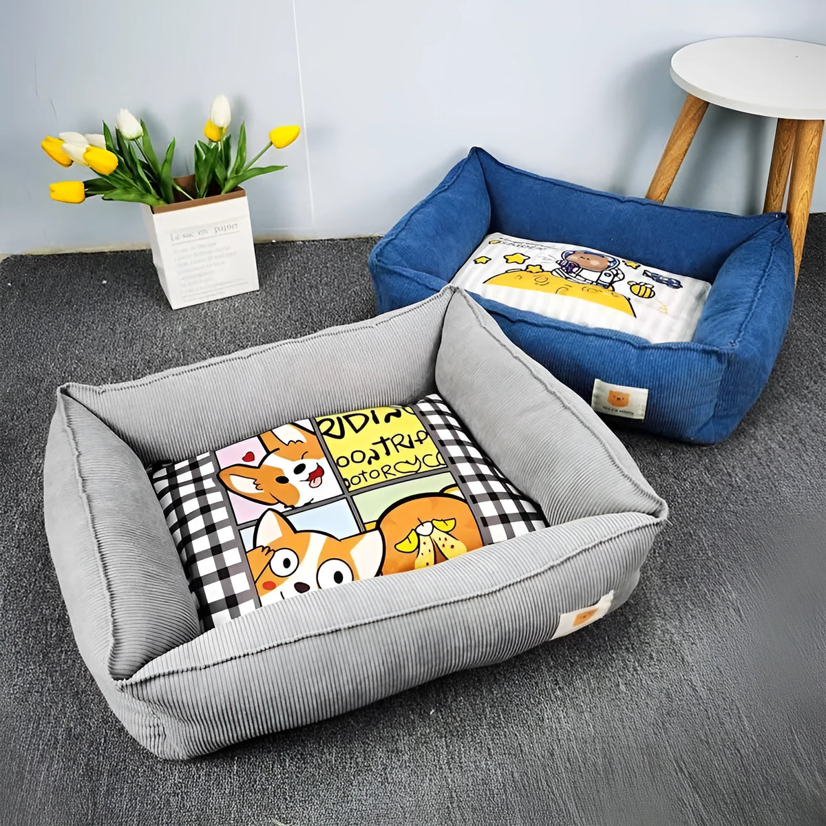Square cloth pet bed with printed fabric finish, shown in one of five colours and available in 40x50cm or 50x60cm